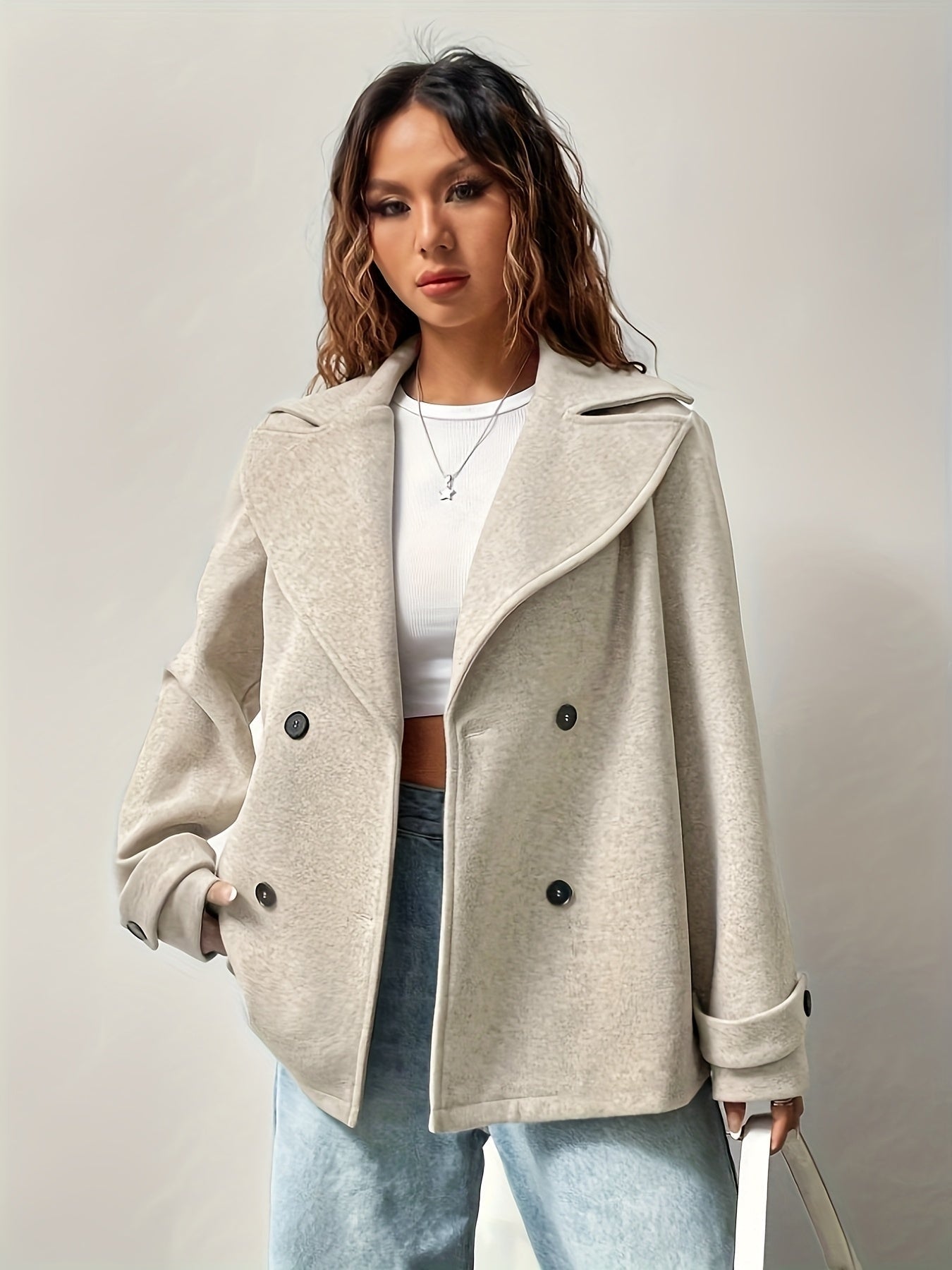 Oversized Double Breasted Pea Coat with Notched Lapel for Women