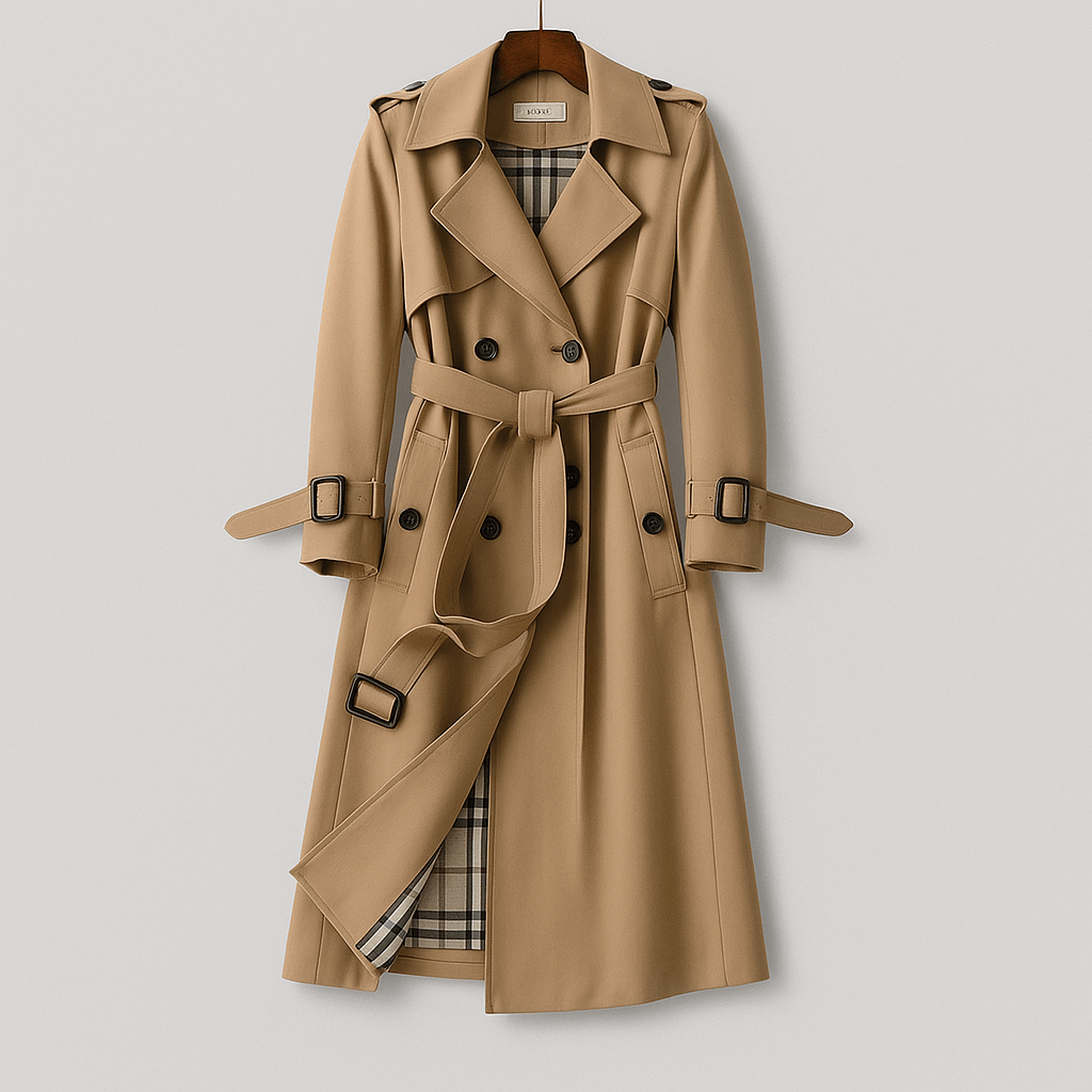 Double-Breasted Belted Trench Coat with Classic Lapel Collar