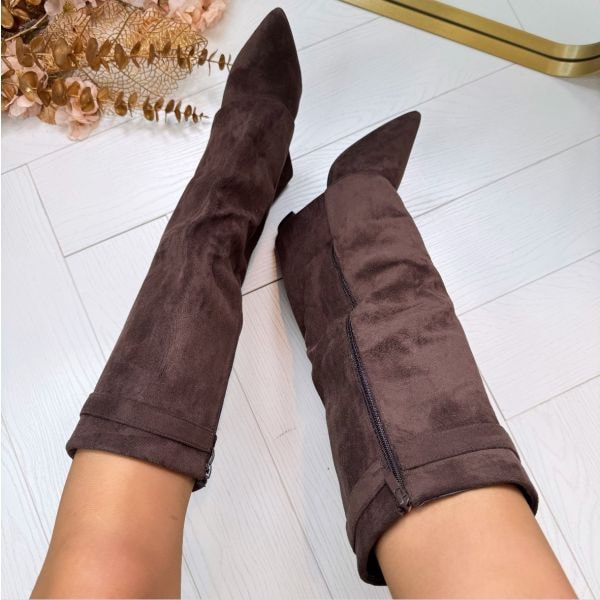 Women's Pointed-Toe Fold-Over Knee-High Boots with Block Heel and Turn-Lock Detail