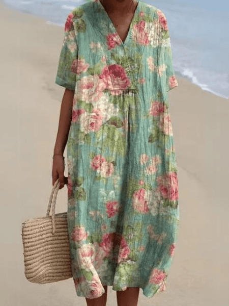 Floral Print V Neck Midi Dress for Beach Vacation and Fall Dresses for Women Occasions