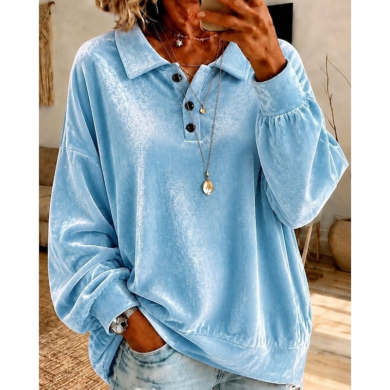Women's Collared Sweater with Oversized Drop Shoulders and Button Placket