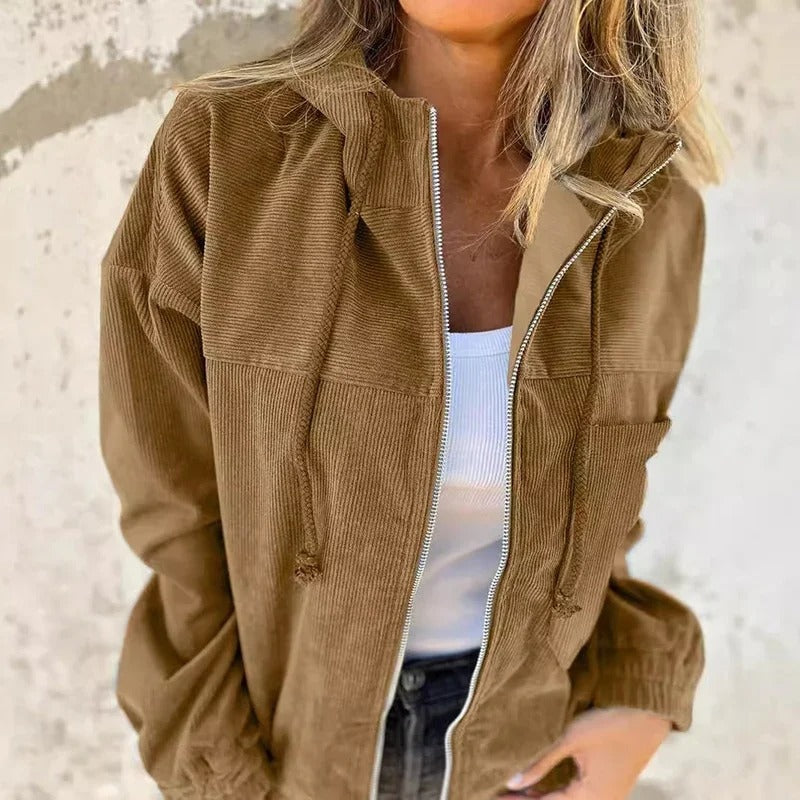 Women's Lightweight Hooded Corduroy Zip-Up Jacket with Chest Pocket and Elastic Cuffs