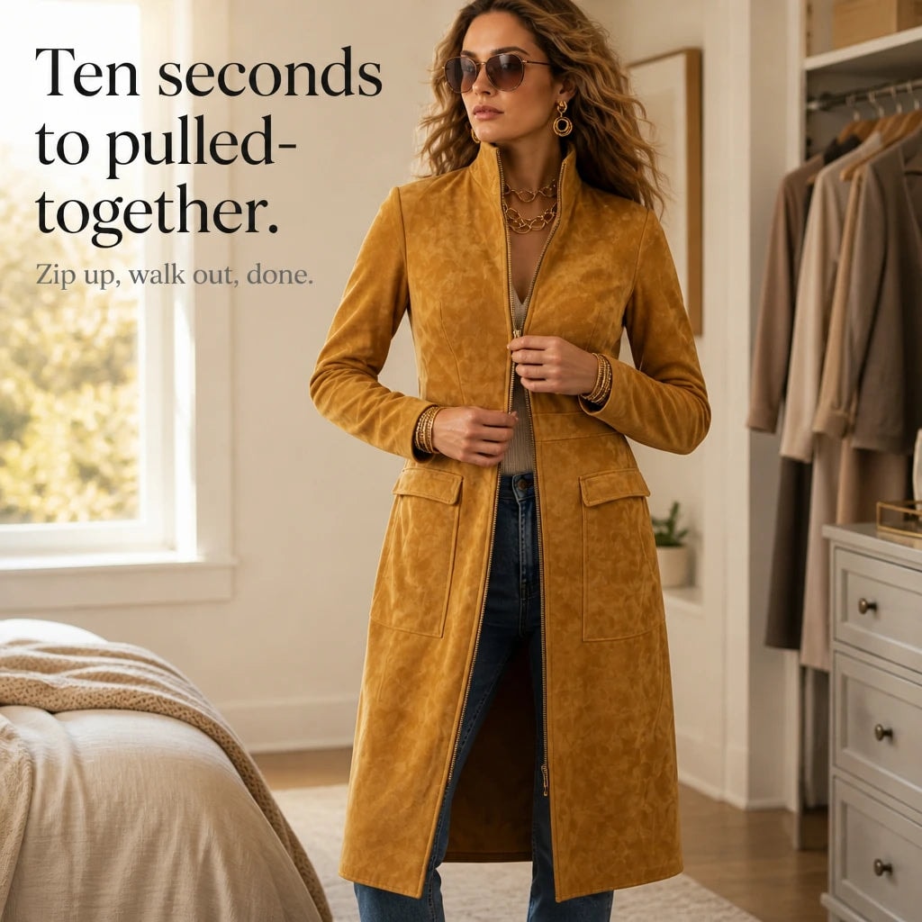 Women's Fitted Long Faux Suede Coat with Stand Collar and Full-Length Zip