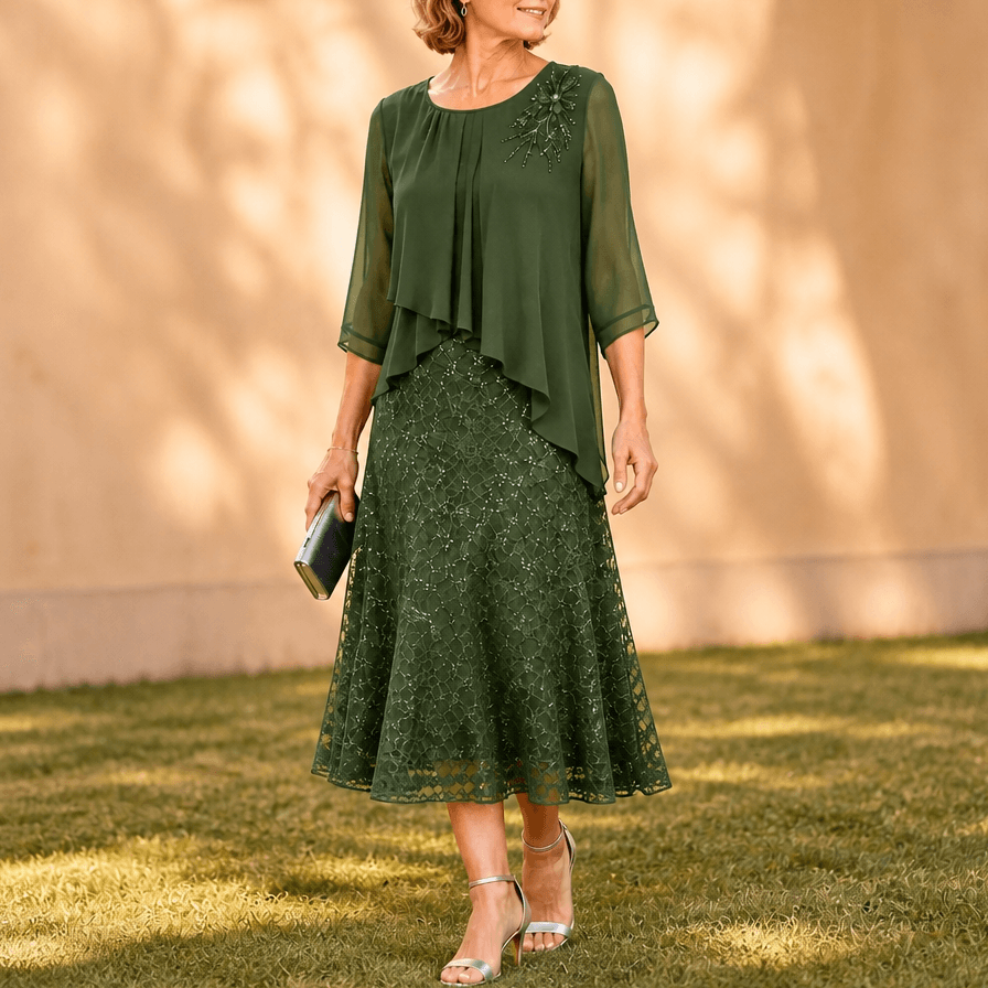 Elavine Floral Lace Overlay Chiffon Women's Midi Dress with Sheer Sleeves