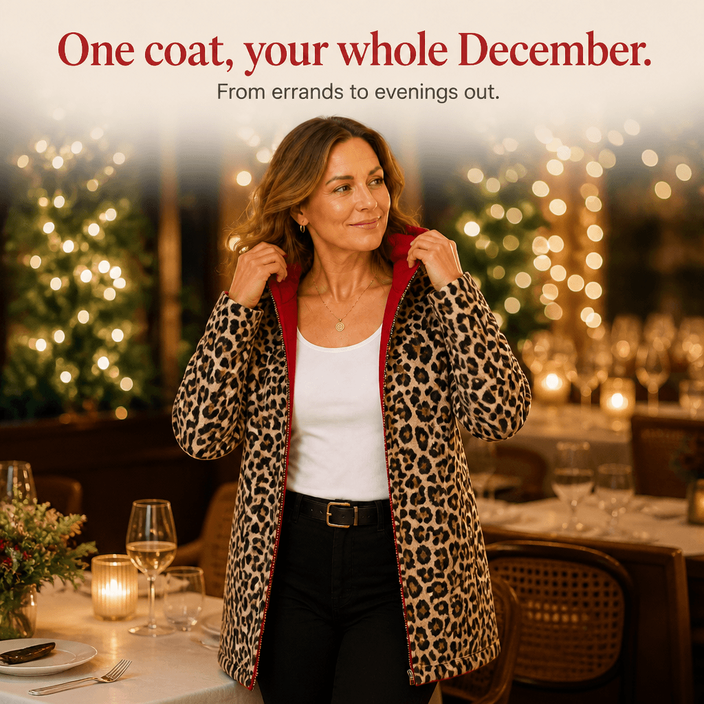 Women's Reversible Leopard Print Hooded Winter Coat with Solid Reverse Side