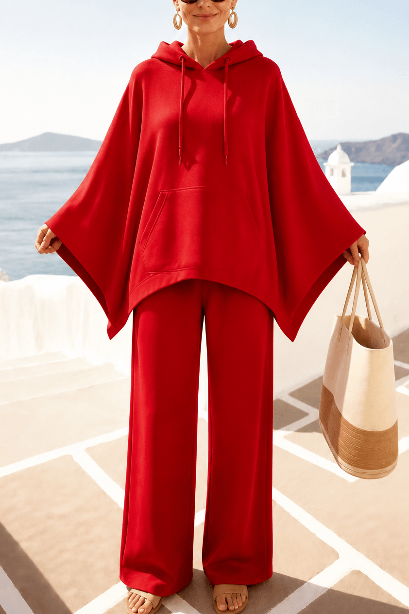 Women's Hooded Cape Top and Wide-Leg Trouser Two Piece Set
