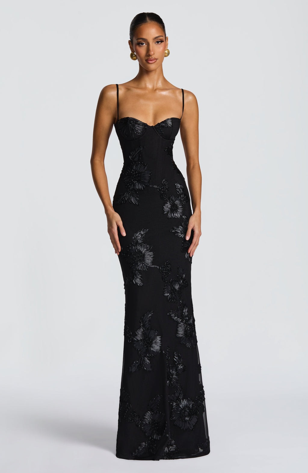 Women's Floral Embroidered Corset Maxi Dress with Spaghetti Straps