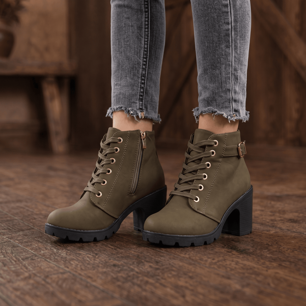 Women's Lace-Up Chunky Block Heel Ankle Boots with Side Zipper and Buckle Strap