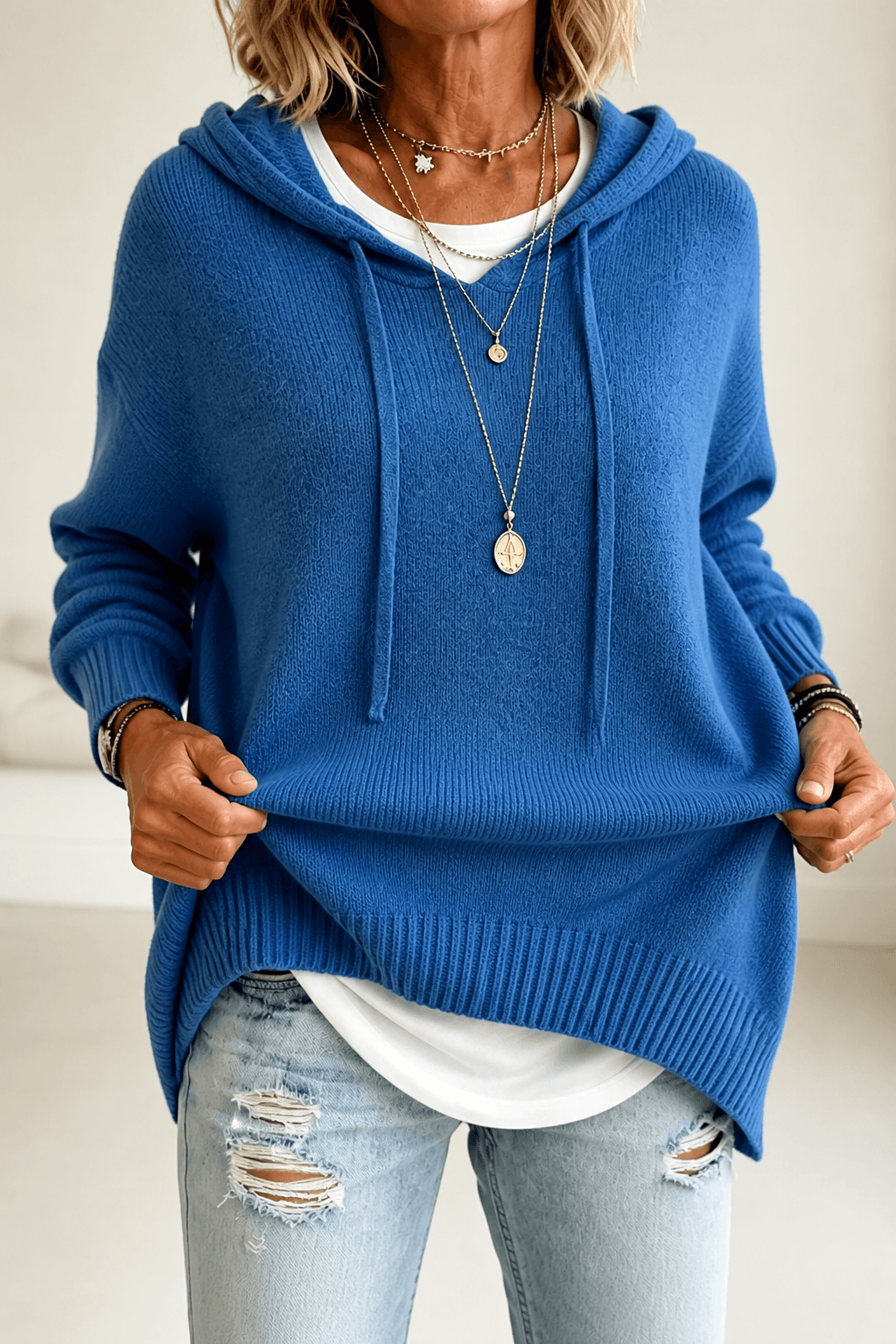 Women's Oversized Hooded Knitted Sweater with Drawstring