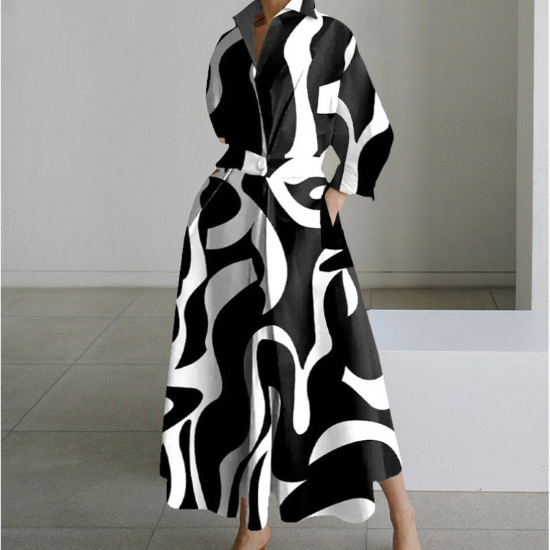 Women's Collared Front Wrap Newspaper Print Maxi Dress
