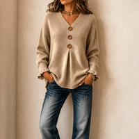 Vessa Ribbed V-Neck Button-Front Acrylic Knitted Sweater for Women