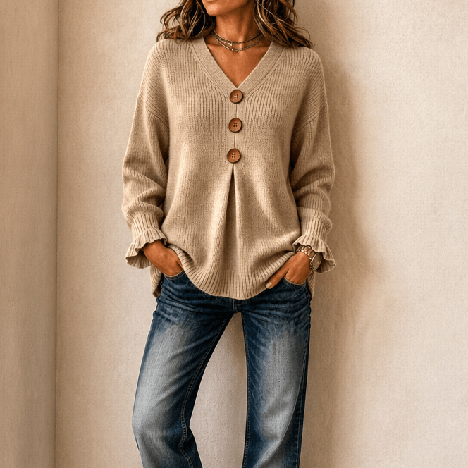 Vessa Ribbed V-Neck Button-Front Acrylic Knitted Sweater for Women