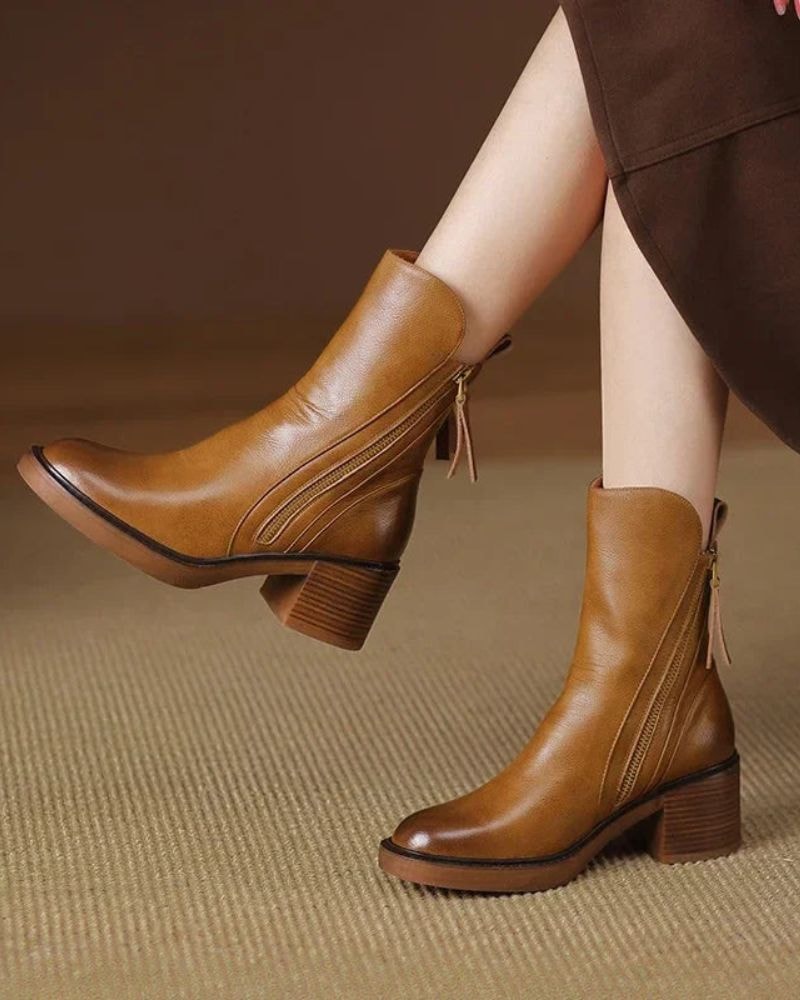 Women's Round-Toe Vegan Leather Ankle Boots with Block Heel and Side Zip