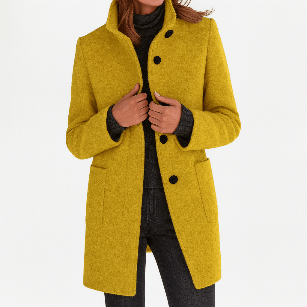 Mid-Length Pea Coat with Stand Collar and Patch Pockets