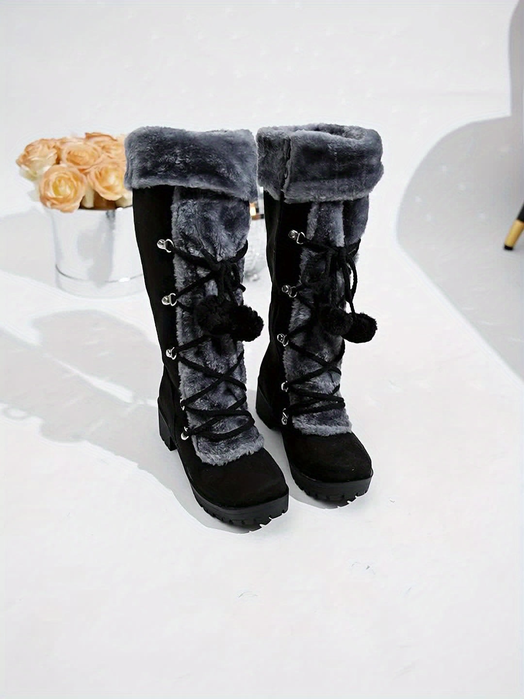 Women's Black Faux Suede Knee-High Boots with Faux Fur Trim and Lace-Up Detail