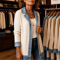 Women's Ribbed Knit Longline Sweater Cardigan with Denim Panel Trim