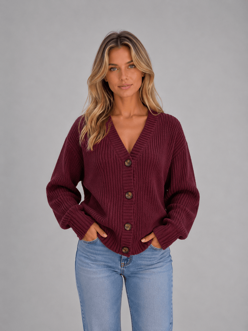 Women's Chunky Ribbed Knit V-Neck Cardigan with Oversized Buttons and Relaxed Sleeves