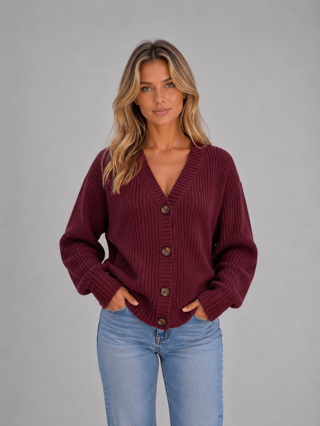 Women's Chunky Ribbed Knit V-Neck Cardigan with Oversized Buttons and Relaxed Sleeves