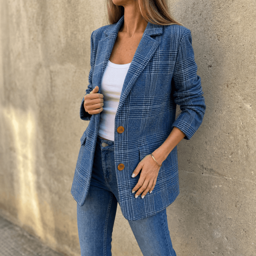 Women's Relaxed Glen Plaid Tailored Blazer with Flap Pockets