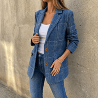 Women's Relaxed Glen Plaid Tailored Blazer with Flap Pockets