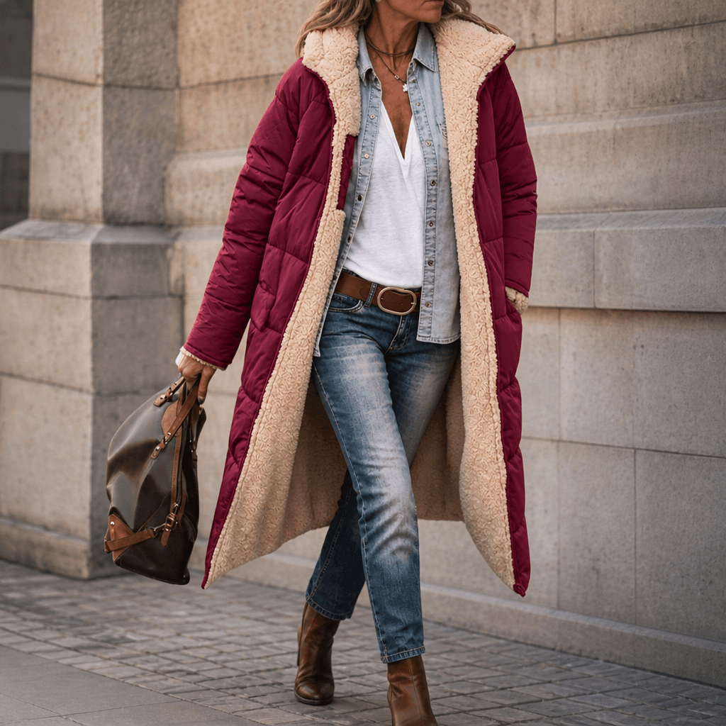 Reversa Women's Reversible Hooded Long Winter Coat with Faux Shearling Lining