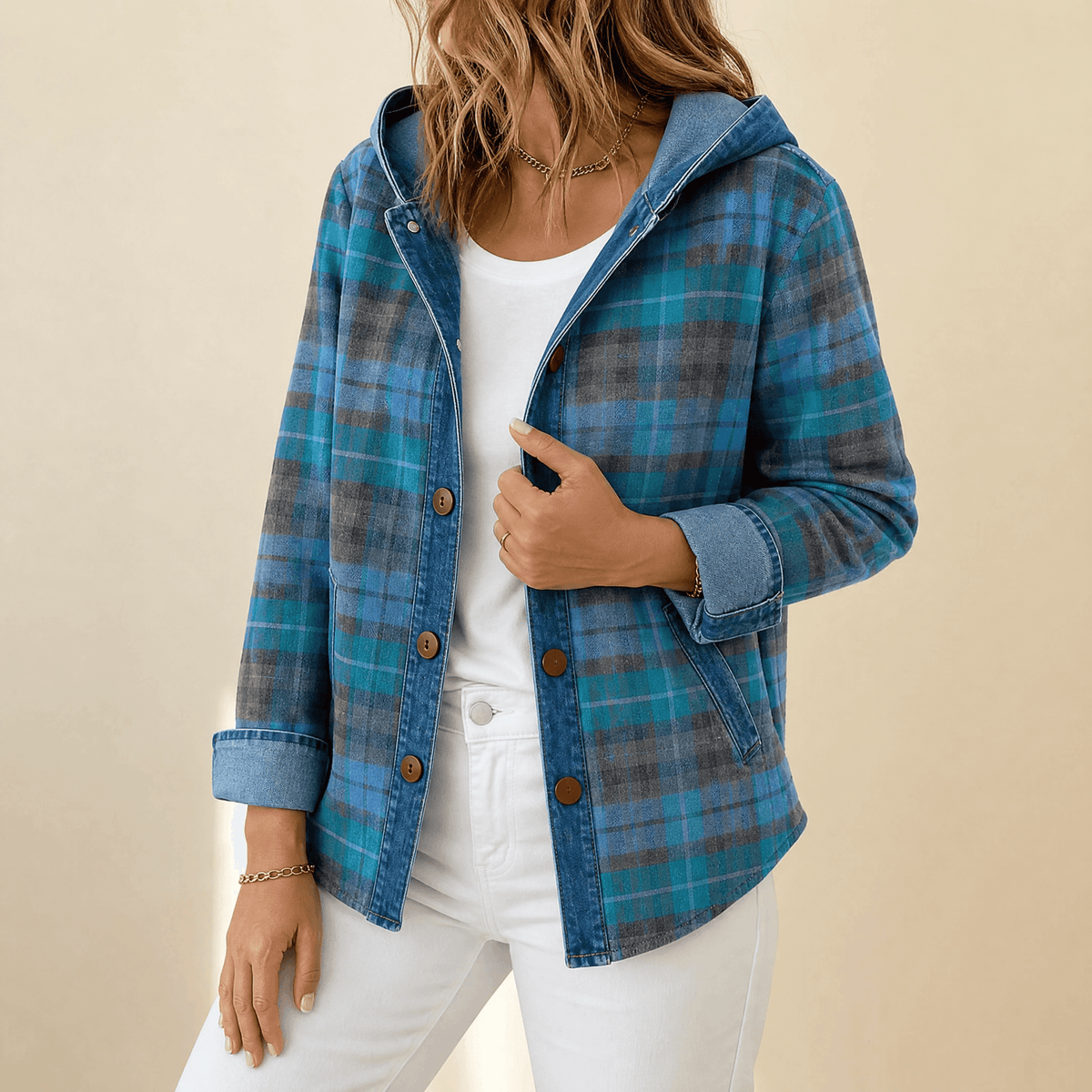 Weslyn Plaid Hooded Shacket with Denim Trim for Women