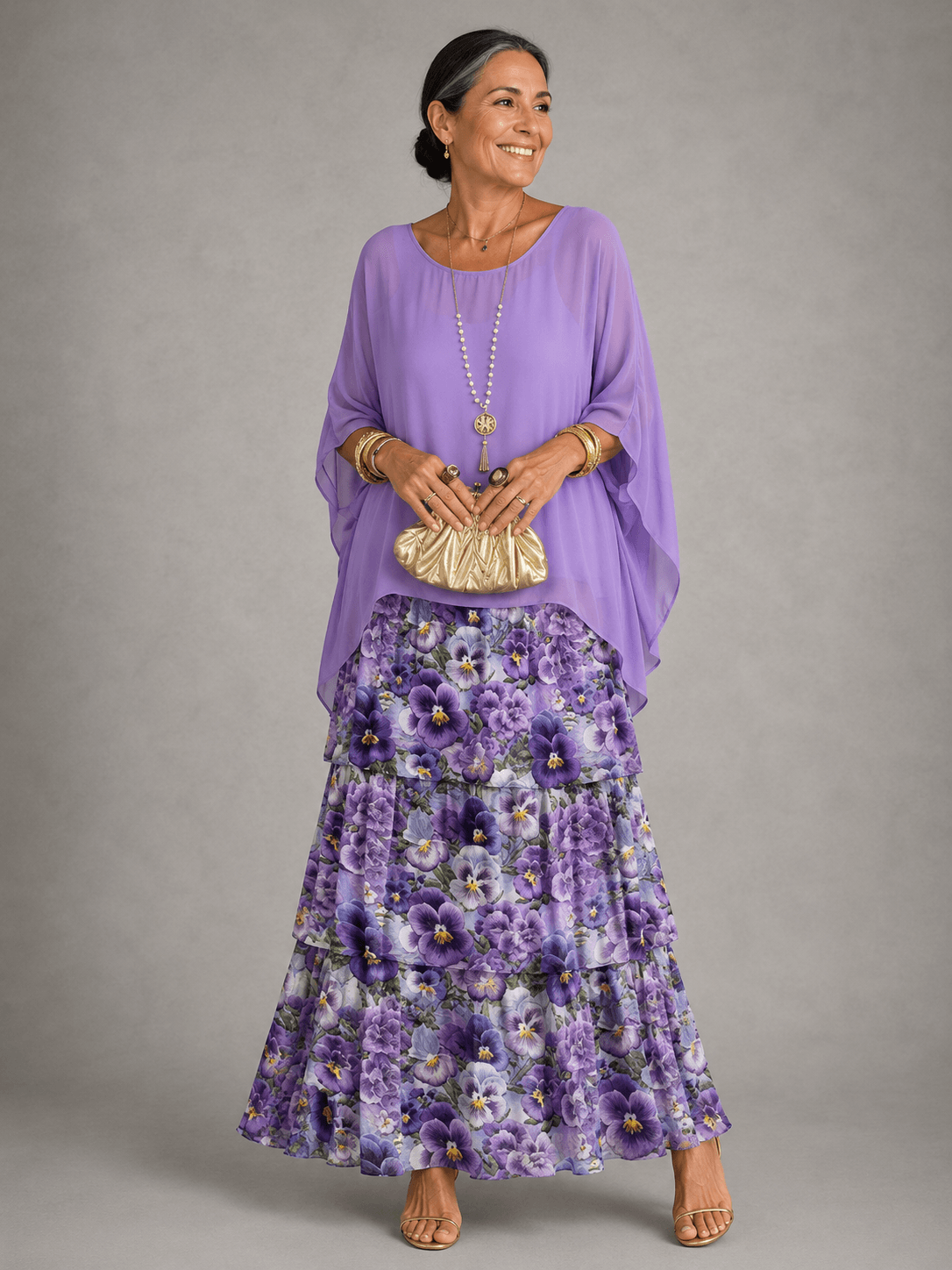 Tiered Ruffle Women's Midi-to-Maxi Dress with Flowing Capelet Sleeves