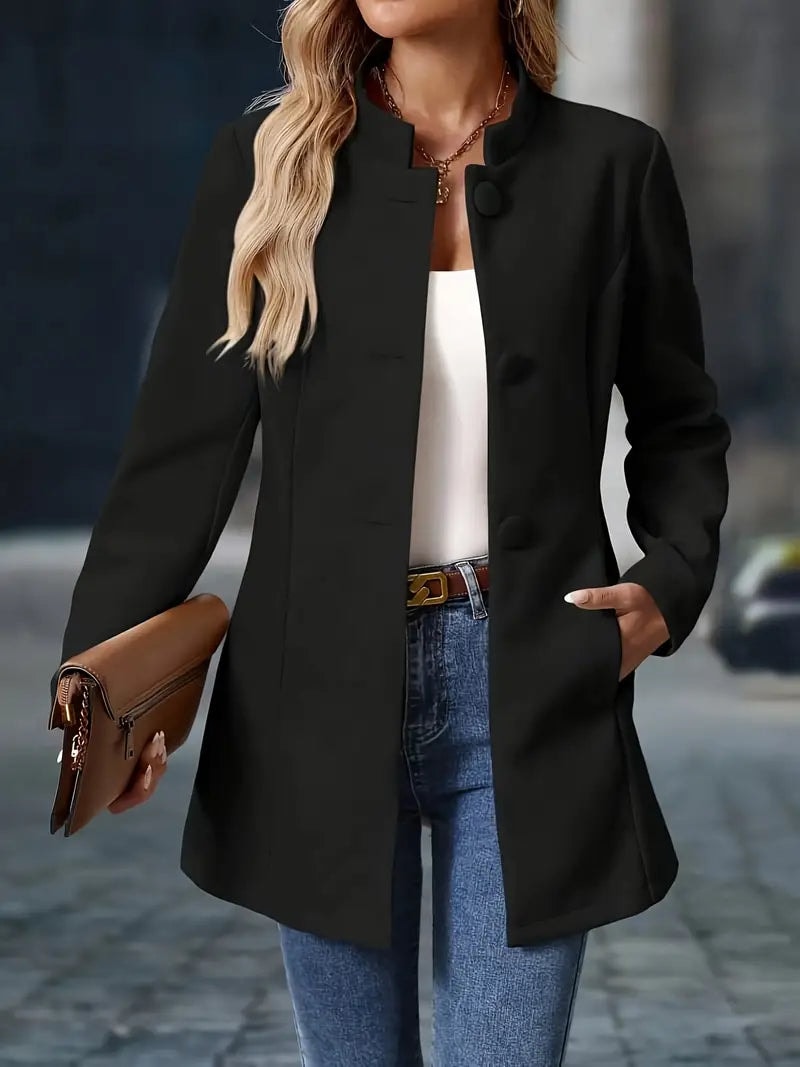 Sofia Button-Front Stand Collar Wool Blend Winter Coat for Women
