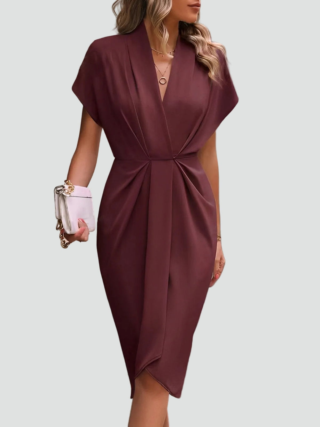 Draped Deep-V Split-Front Women's Midi Dress with Tulip Hem