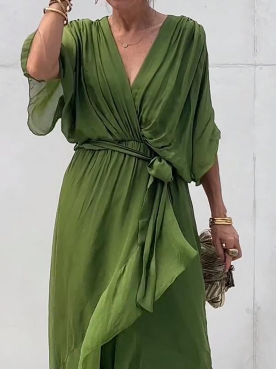 Women's Belted Chiffon Wrap Dress with V-Neck and Flowy Midi Length