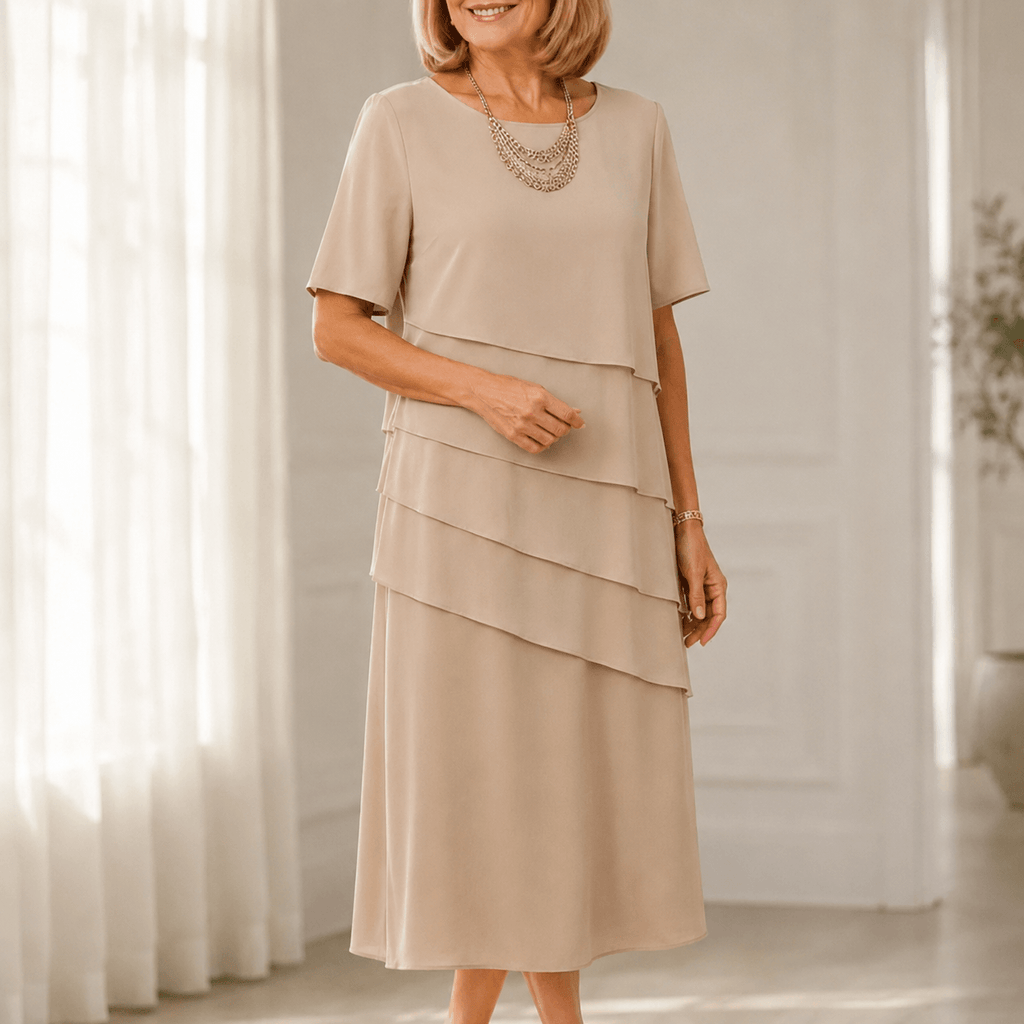 Florenza Tiered Asymmetric Chiffon-Like Women's Midi Dress with Flutter Sleeves