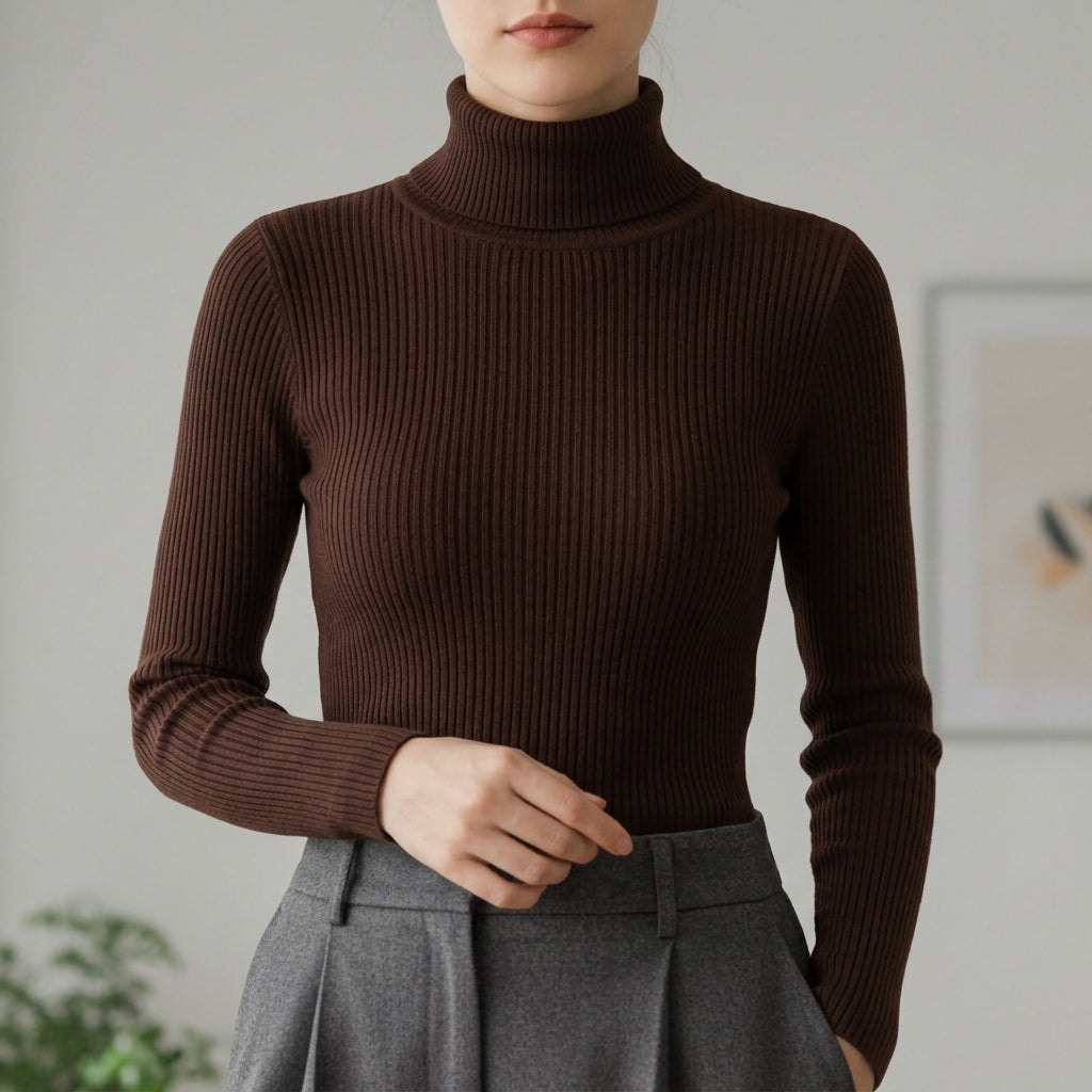 Women's Ribbed Knit Turtleneck Sweater with Long Sleeves and Slim Fit