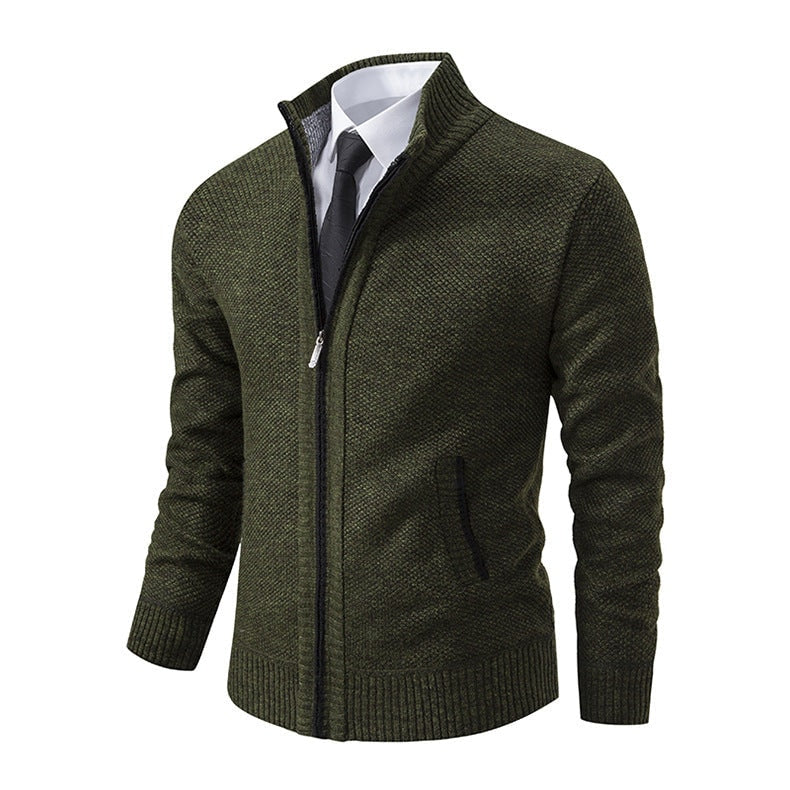 Men's Marled Knit Cardigan with Full-Length Zip and Ribbed Stand-Up Collar
