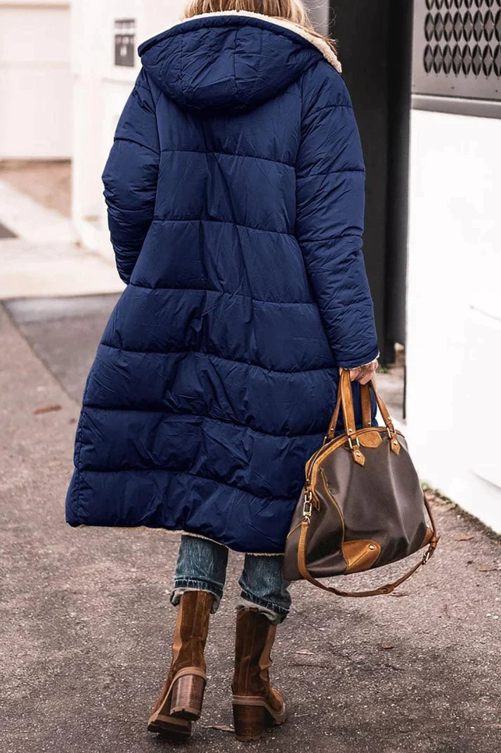 Reversible Teddy-Lined Longline Puffer Winter Coat with Hood