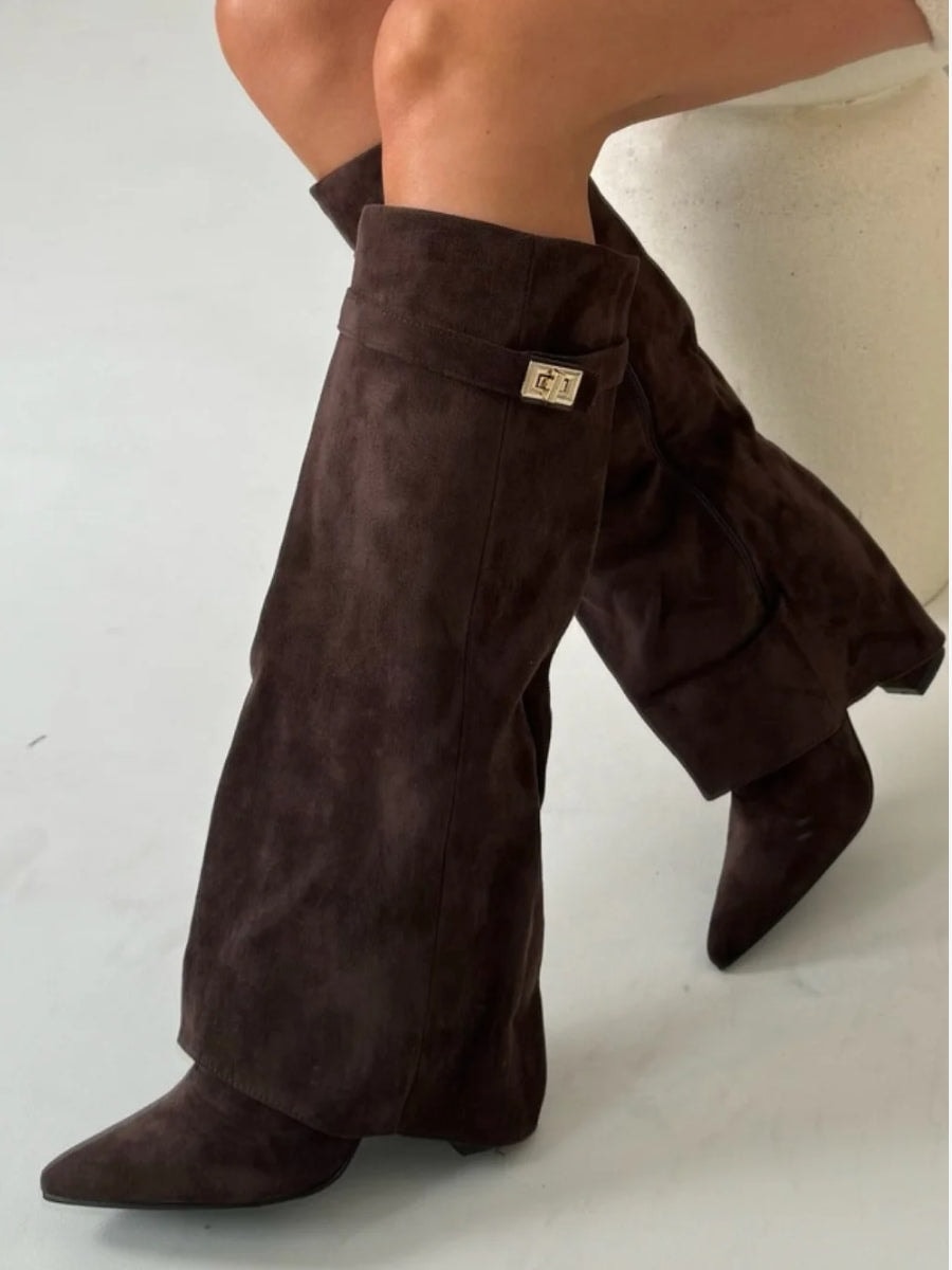 Knee-High Fold-Over Brown Boots with Buckle Strap for Fall and Winter