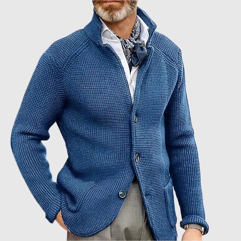 Waffle-Knit Button-Front Mens Sweaters Cardigan with Stand Collar