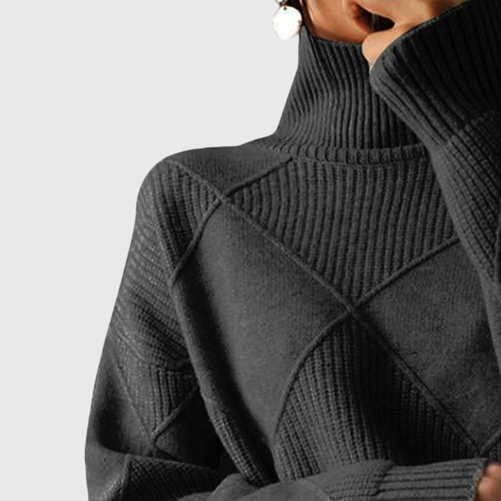 Women's Ribbed Knit Turtleneck Sweater with Diamond Pattern and Relaxed Fit