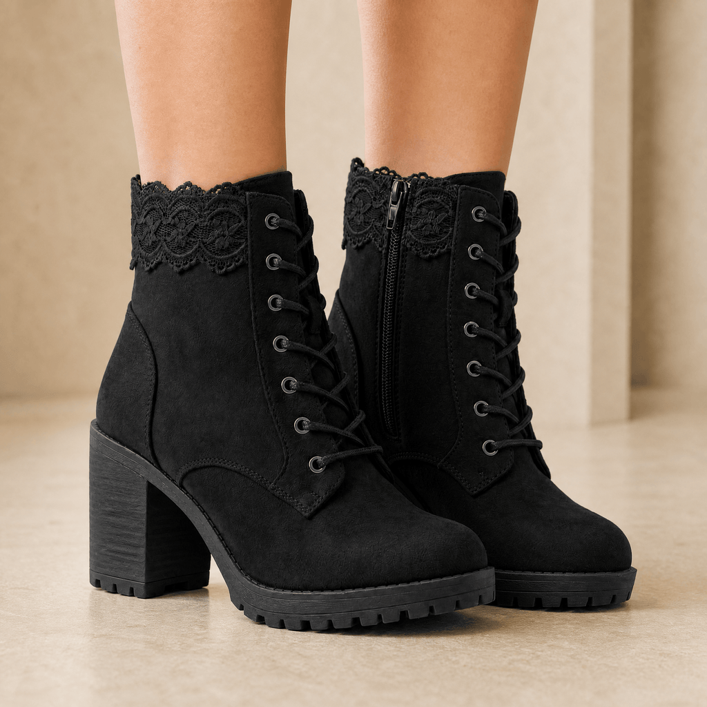 Lacelle Lace-Trim Suede Women's Ankle Boots with Chunky Block Heel