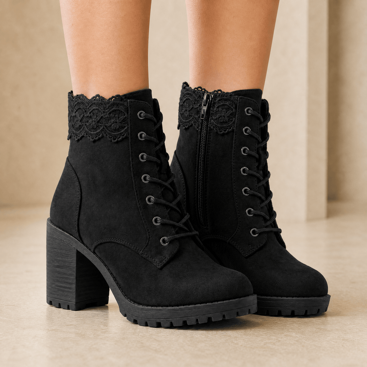 Lacelle Lace-Trim Suede Women's Ankle Boots with Chunky Block Heel
