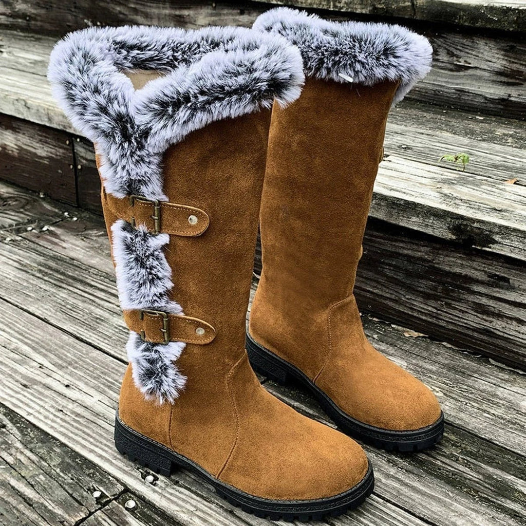 Women's Knee-High Faux Suede Boots with Buckle Straps and Plush Fur Trim