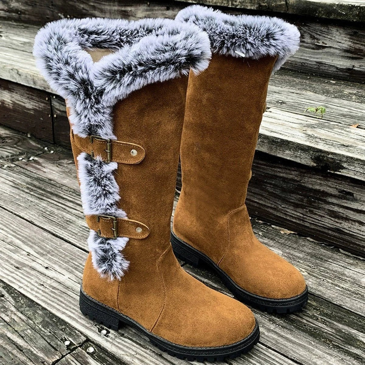 Women's Knee-High Faux Suede Boots with Buckle Straps and Plush Fur Trim