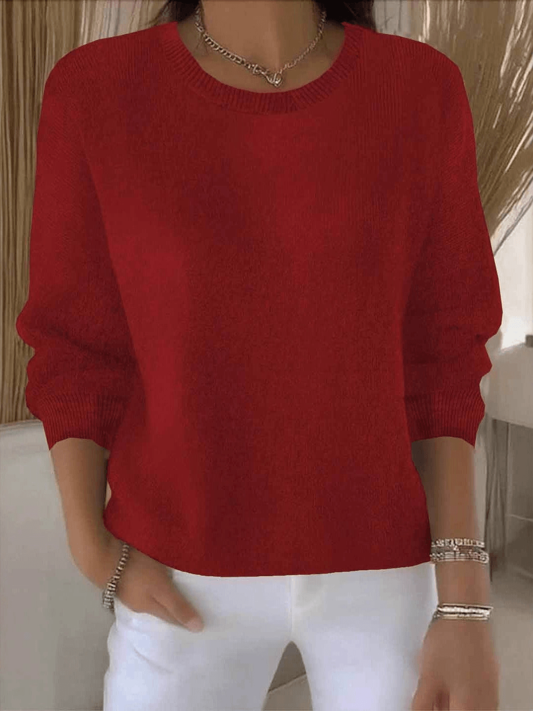 Lorie Ribbed-Cuff Women's Knitted Sweater with Crew Neck