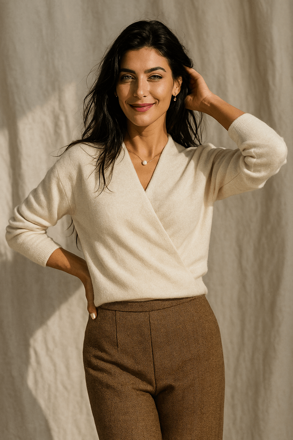 Women's Wrap-Front Knitted Sweater with V-Neck and Ribbed Hem