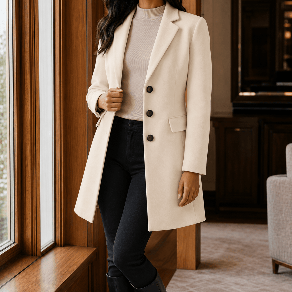 Women's Wool-Blend Tailored Winter Coat with Notched Lapel
