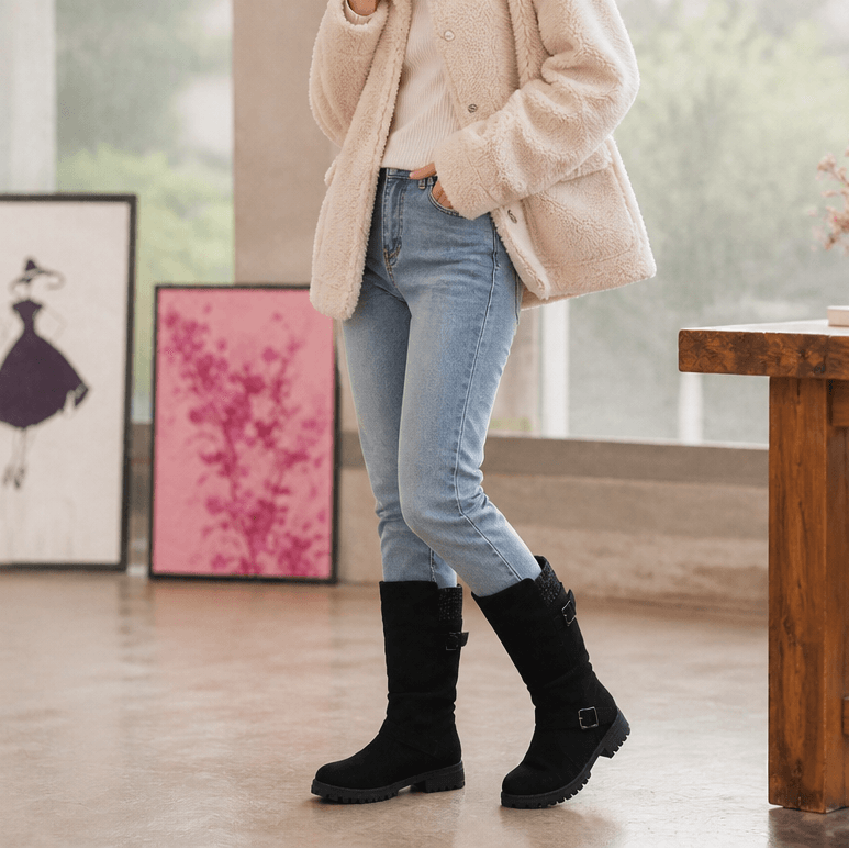 Ribbed Cuff Lug Sole Slouch Women's Boots with Suede-Look Upper