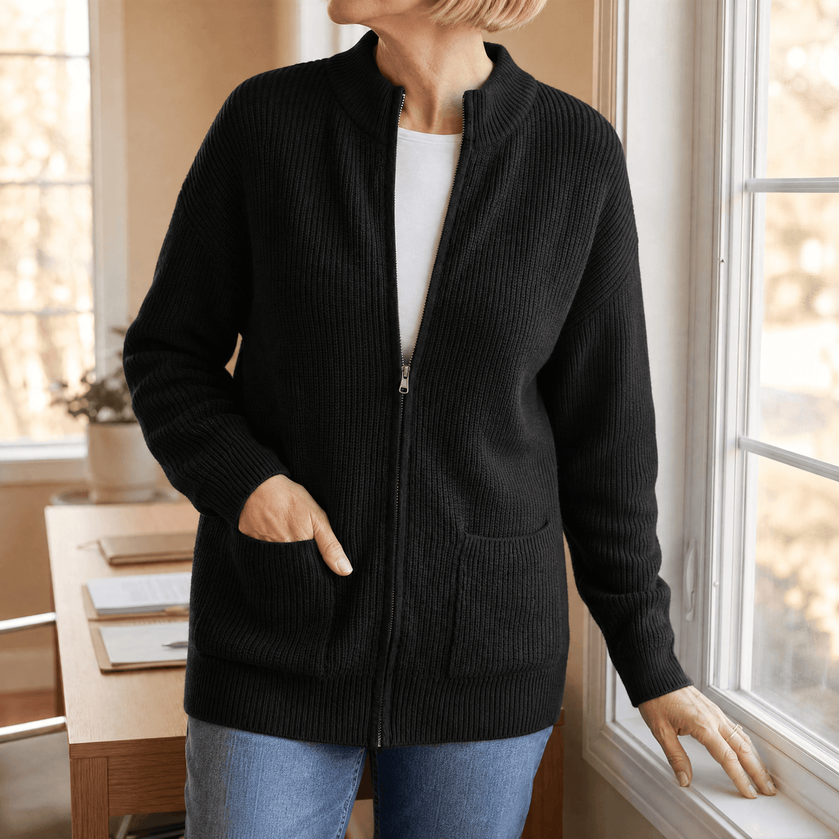 Covena Women's Ribbed Knitted Cardigan Sweater with Zip-Up Pockets