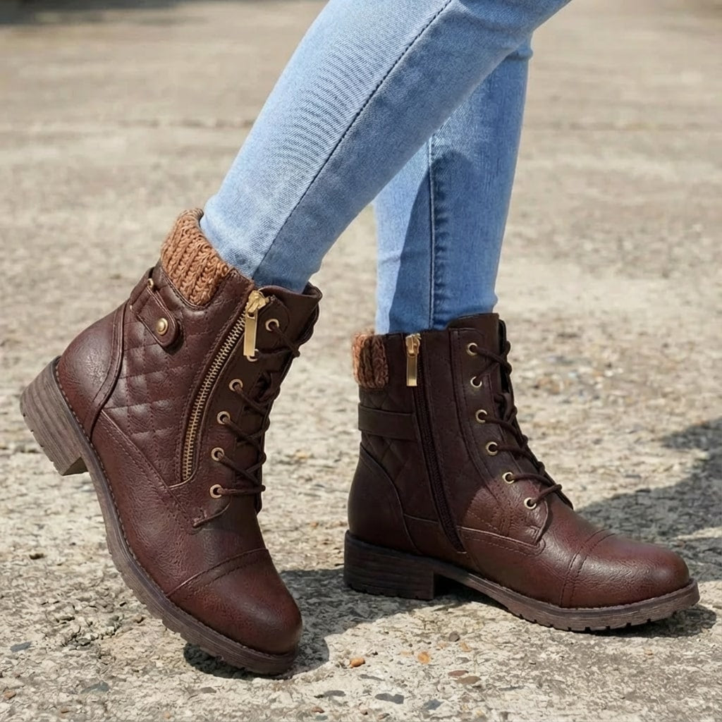 Women's Quilted Lace-Up Ankle Boots with Side Zip and Block Heel