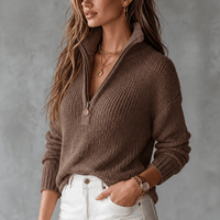 Women's Half-Zip Textured Knitted Sweater with Convertible Collar