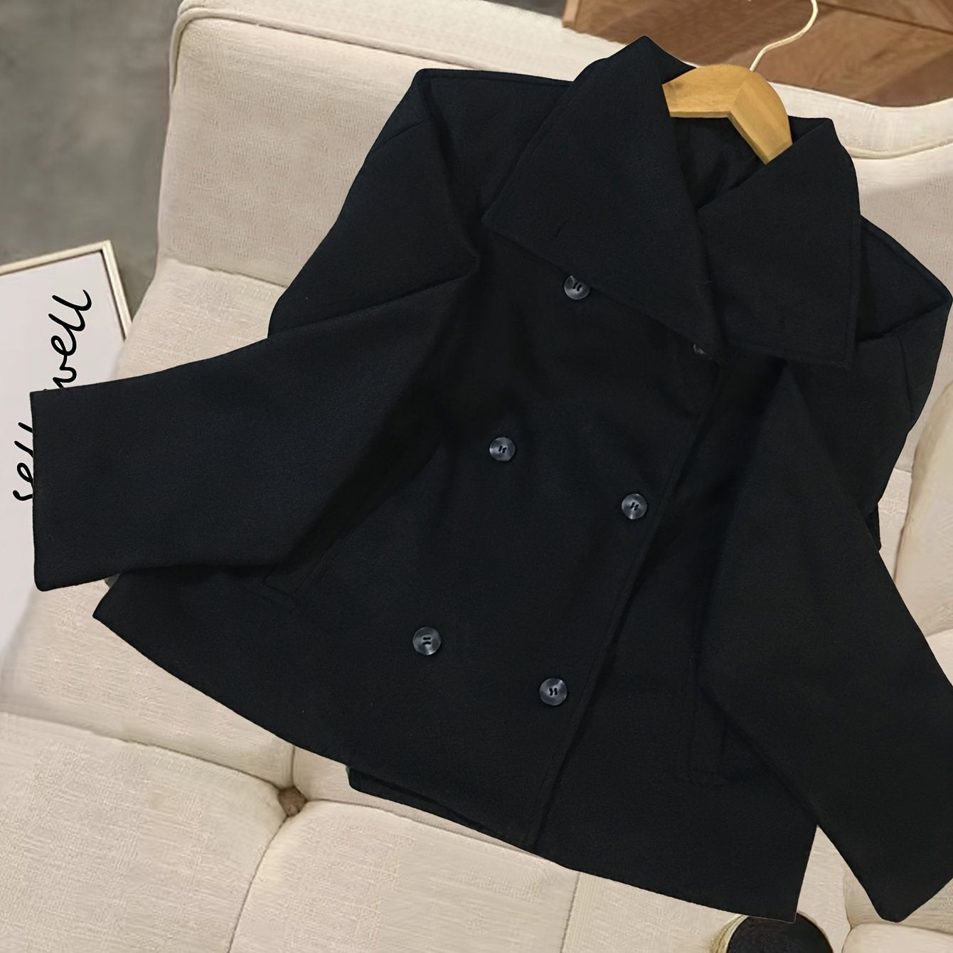 Cropped Wool Pea Coat with Notch Lapel and Double Breasted Button Front