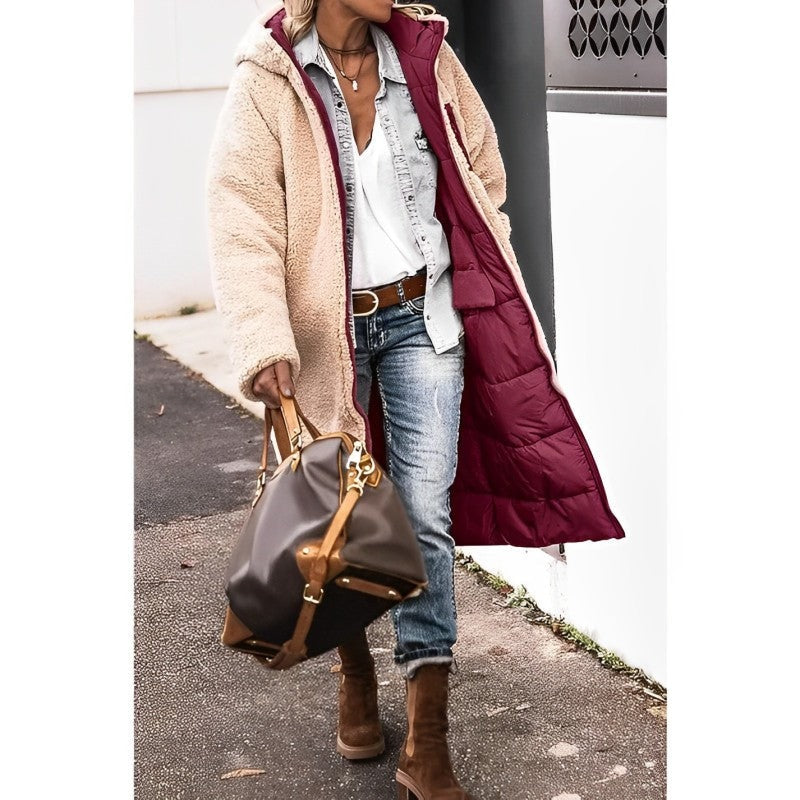 Reversible Teddy-Lined Longline Puffer Winter Coat with Hood